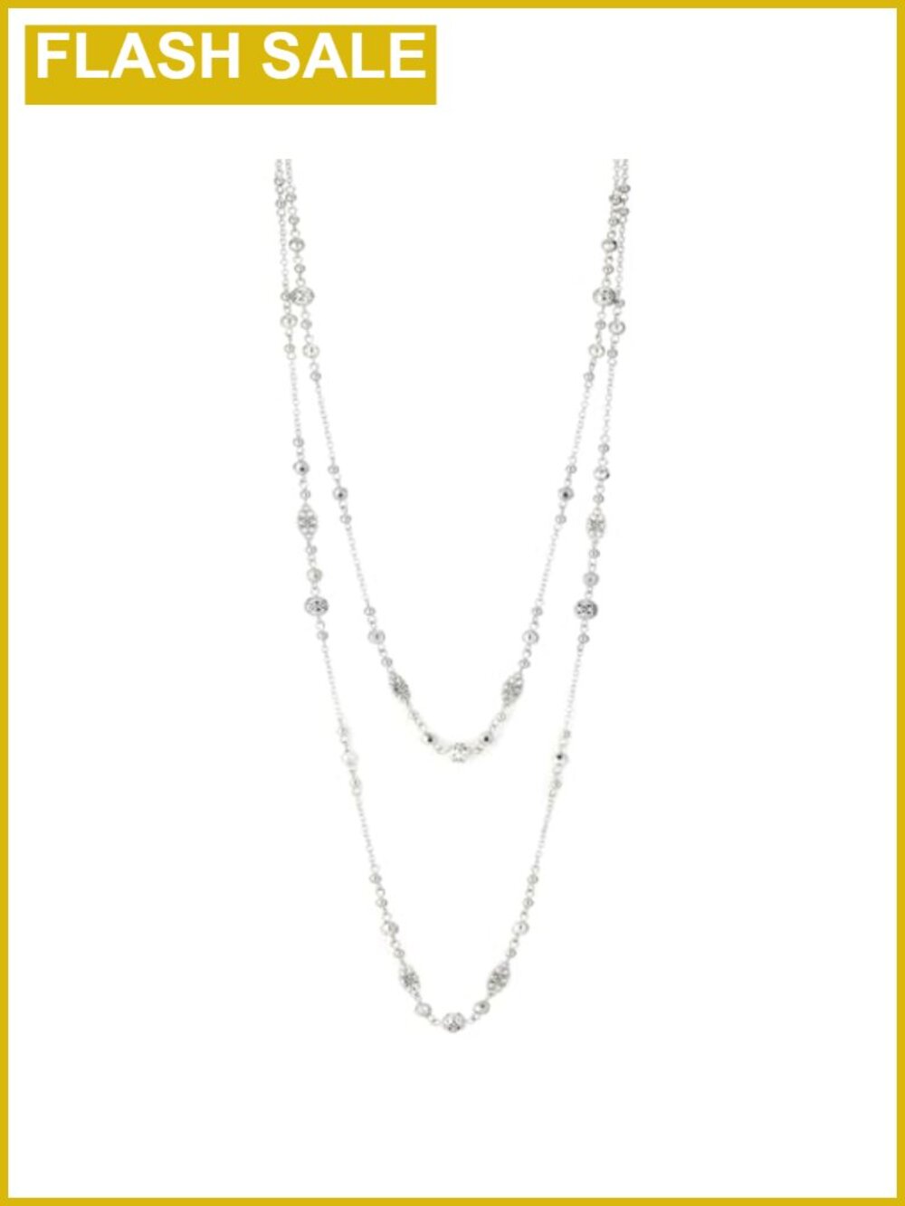 Long Beaded Silver Layered Necklace - Boho Double Chain 42in 37in